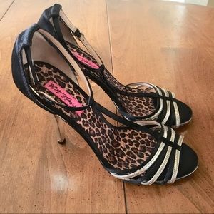 BETSEY JOHNSON Black & Gold T-Strap Heels
